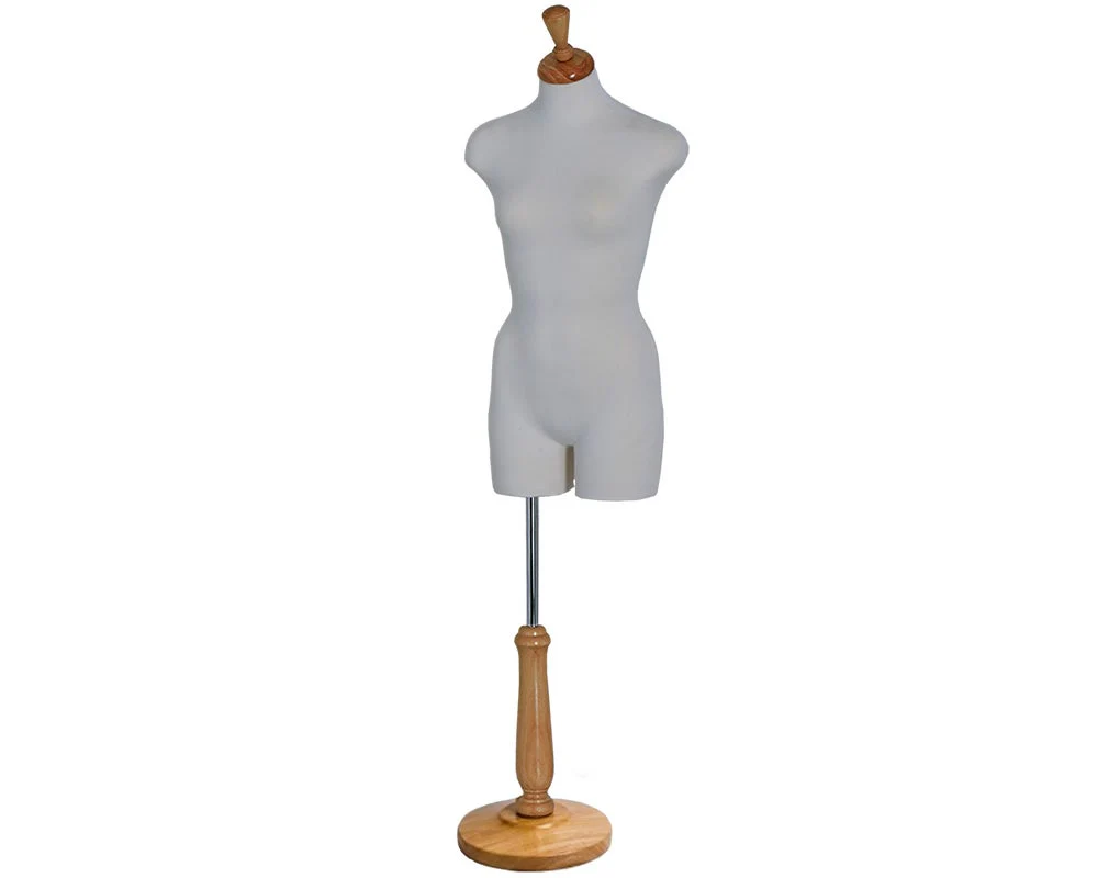 Female 3/4 Length Form | Cream Torso | Adjustable Tall Wooden Base | Dressmaker Mannequin