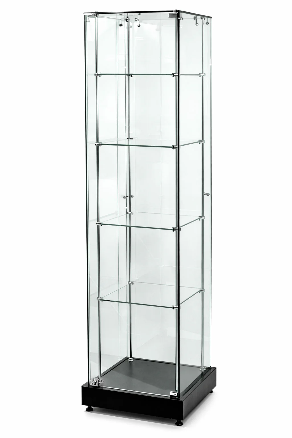 Frameless Glass Display Case Tower | Single Wide | Four Shelf